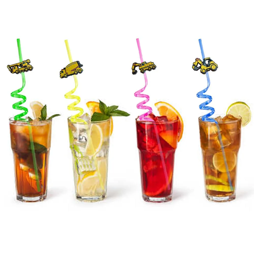 excavator 12 themed crazy cartoon straws drinking for kids pool birthday party plastic decorations summer new year reusable straw