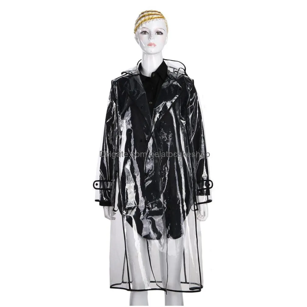 women transparent eva vinyl waterproof raincoats with belt clear runway long hooded windbreaker knee-length outdoors rainwear