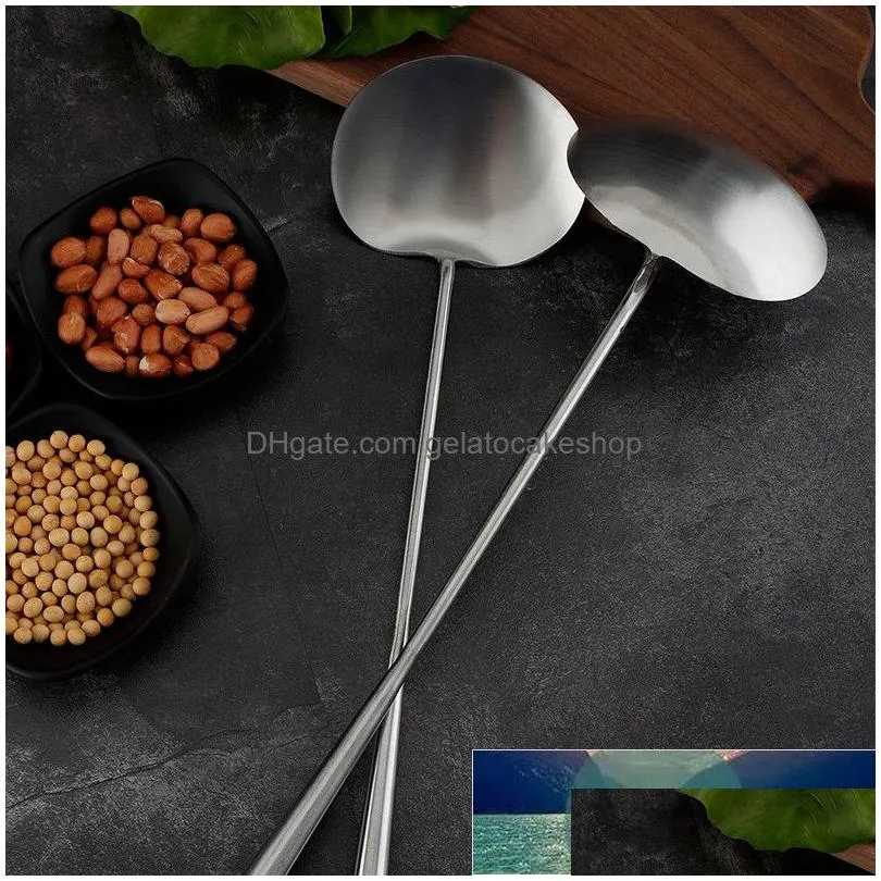 stainless steel big long handle spatula spoon scoop restaurant canteen chef large pot shovel kitchen utensil set bamboo