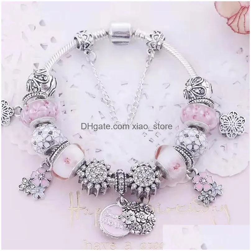 18 to 21cm peach blossom charm bead bracelet sweet mother charms pendant fit silver bangle or snake chain diy jewelry accessories for mothers day