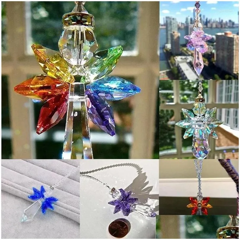 Decorative Objects & Figurines Modern Rainbow Crystal Angel Chakra Suncatcher Car Charm Pendant For Rear View Mirror Hanging Drop Deli Otiv8