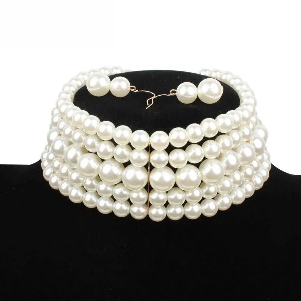 Hot selling jewelry necklace fashionable and elegant multi-layer imitation pearl beaded short necklace earring set for women