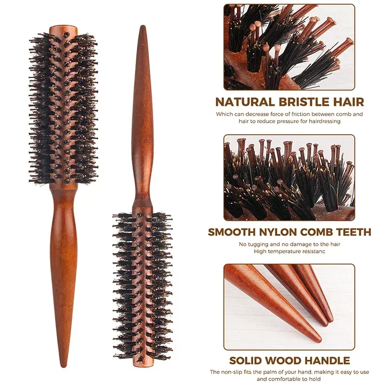 Wooden Roller Round Brush Curly Bristle Hair Brush Comb Rolling Brush for Hairdressing Blow Drying Hairbrush
