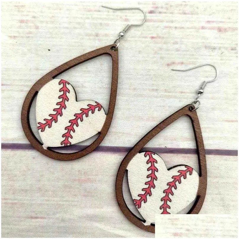 Dangle Earrings Teardrop Accent Wood Football Baseball Basketball Heart For Women Fashion Sport Ball Jewelry
