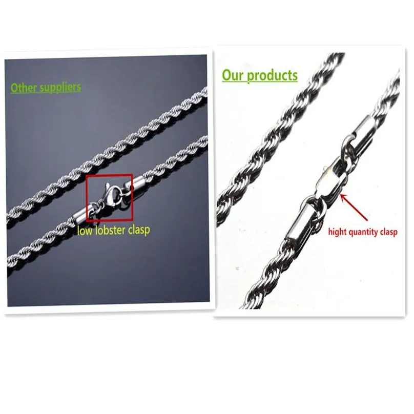 Cords, Slings and Webbing 4mm Rope Style Necklace 316L Stainless Steel Jewelry Never Fade Waterproof Men Women Rope Chain