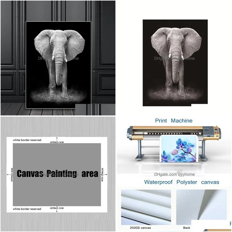 Paintings Painting Wild Animals Black And White African Elephant Canvas Posters Prints Modern Wall Art Picture Living Room Cuadros Dro Dhnm0