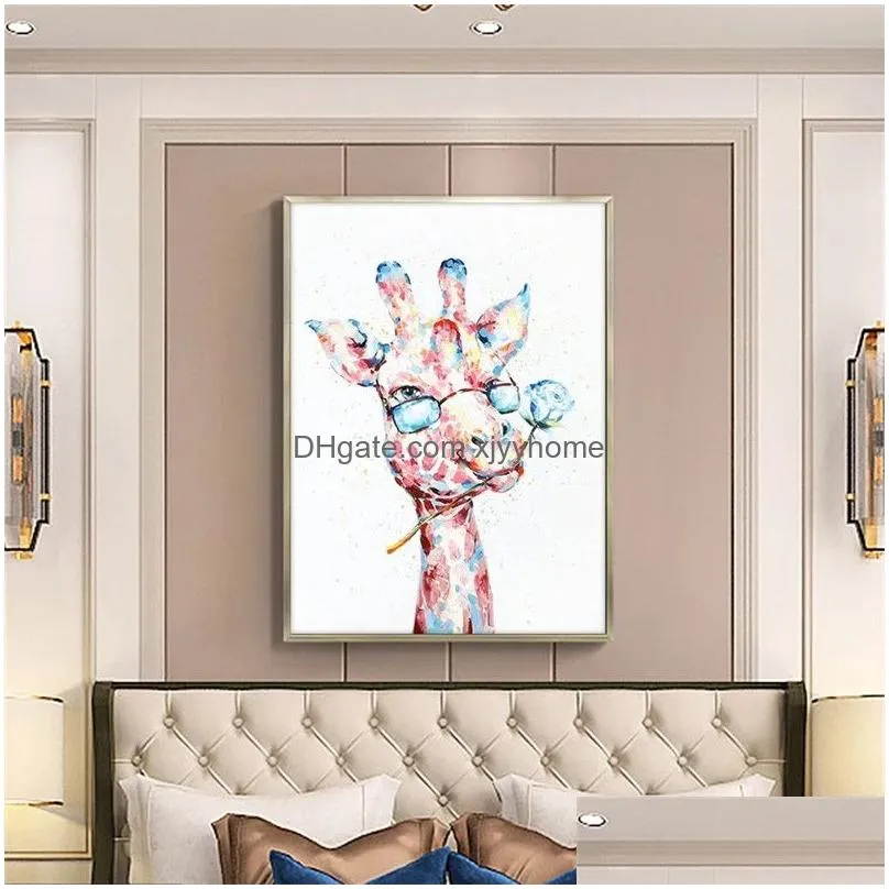 Paintings Canvas Poster Painting Colorf Giraffe Animal Spray Wall Art Picture For Kid Living Room Home Drop Delivery Garden Arts, Craf Dh205