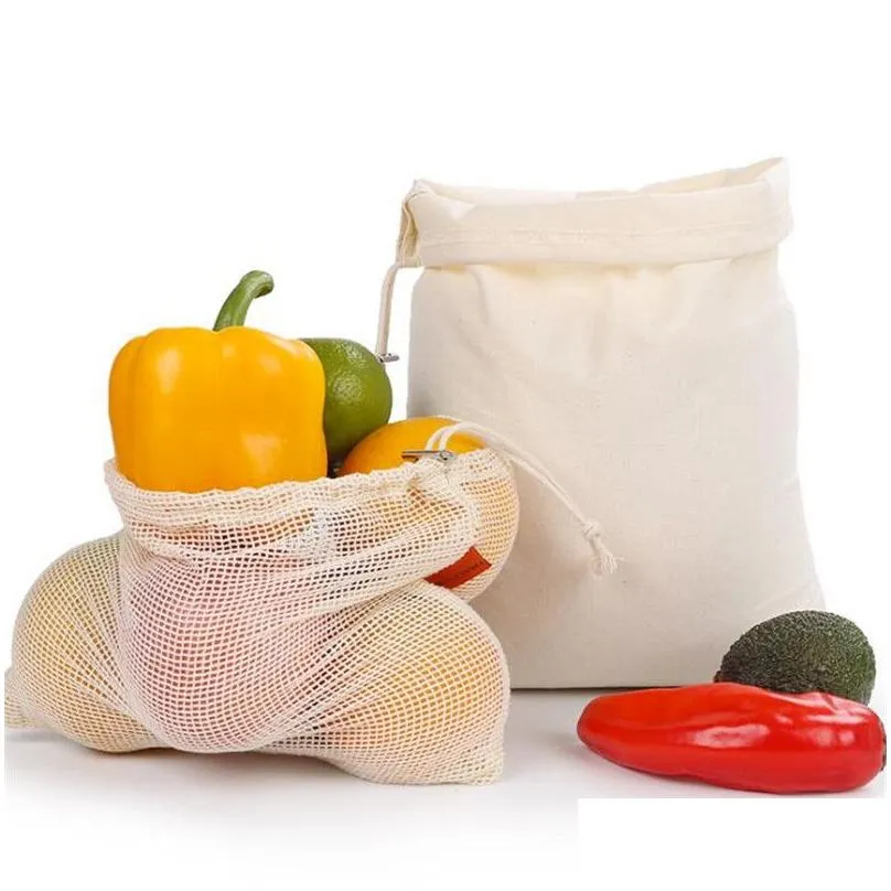 Storage Bags Reusable Cotton Shop Eco-Friendly Mesh Vegetable Fruit Pouch Hand Totes Home Environmental Bag Drop Delivery Garden House Dhny9