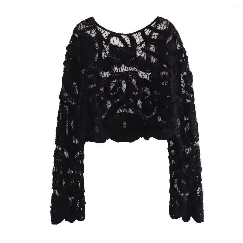 Men`s Sweaters Women Fashion Cropped Semi-sheer Crochet Knit Sweater Vintage O Neck Long Sleeve Female Pullovers Chic Tops