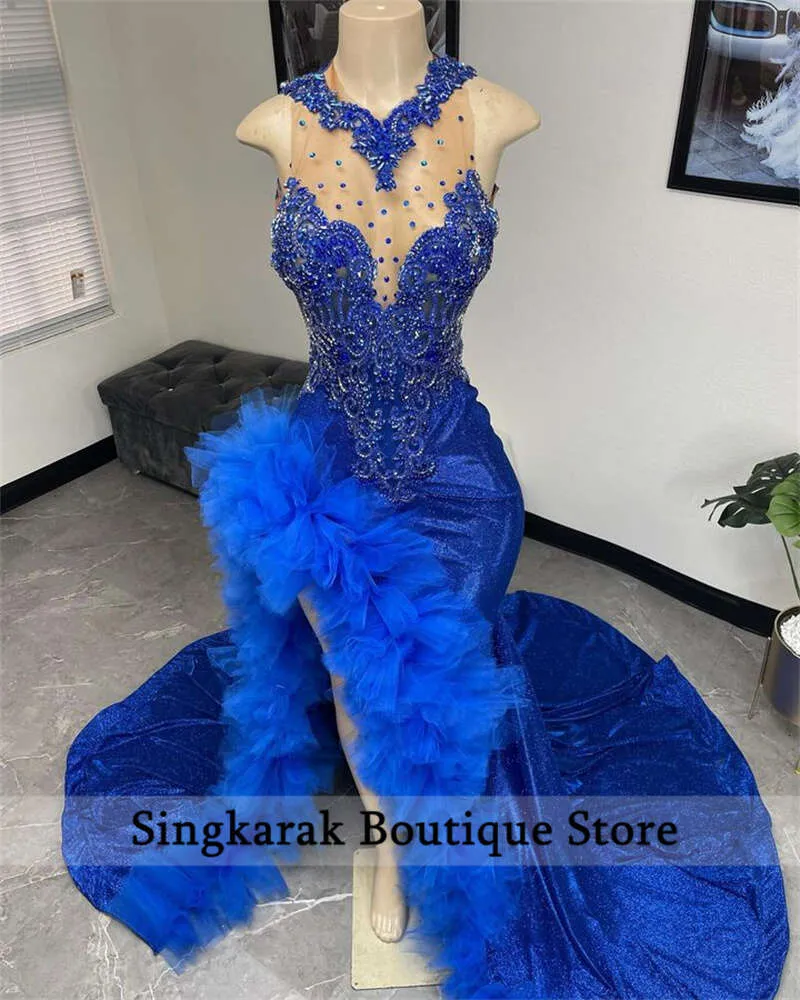 New Arrival 2024 Sparkly Royal Blue Mermaid Prom Crystal Rhinestones Ruffles special Party Dress Gowns Robe De Bal