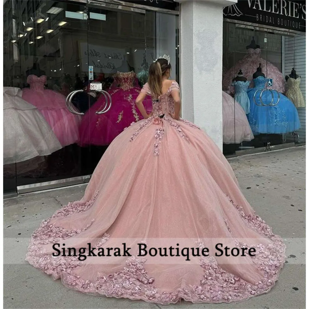 Pink Quinceanera Dresses Sweet 16 Dress Flowers Appliques Crystal Beads Birthday Party Gowns Vestido De 15 Corset Ball Gown