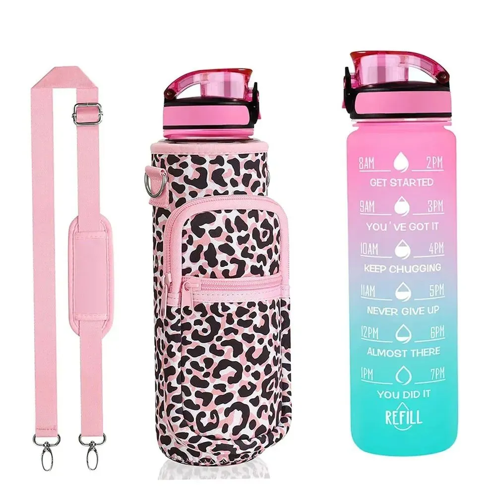32 OZ Water Bottles Cover And Straw Strap Motivational Cup Times to Drink BPA Free 1L Reusable Sports Water Bottle with Sleeve Carrier Outdoor J0523 JJ