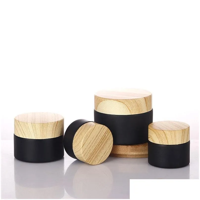Packing Bottles Wholesale 5G-50G Black Frosted Glass Jar Cream Round Cosmetic Jars Hand Face Bottle With Wood Grain Er Drop Delivery O Dhws7