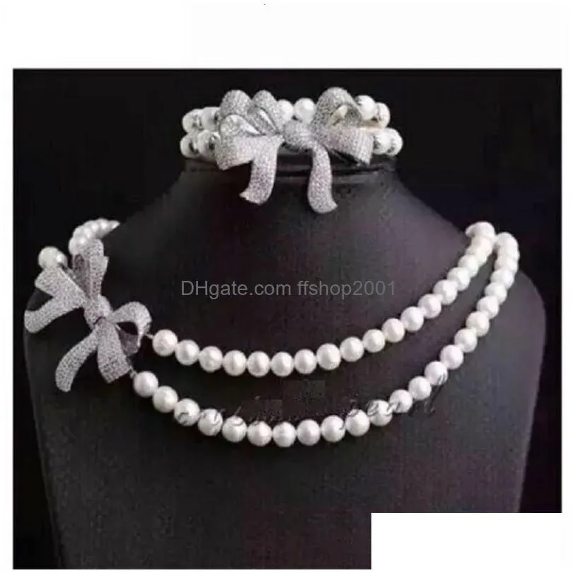 2 rows aaa 78mm akoya white pearl necklace 18 inch bracelet 758 beautiful buckle ring 240106