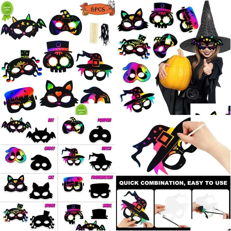 new 8pcs halloween diy scratch masks magic rainbow color kids painting gift toys halloween party favors decoration horror cosplay