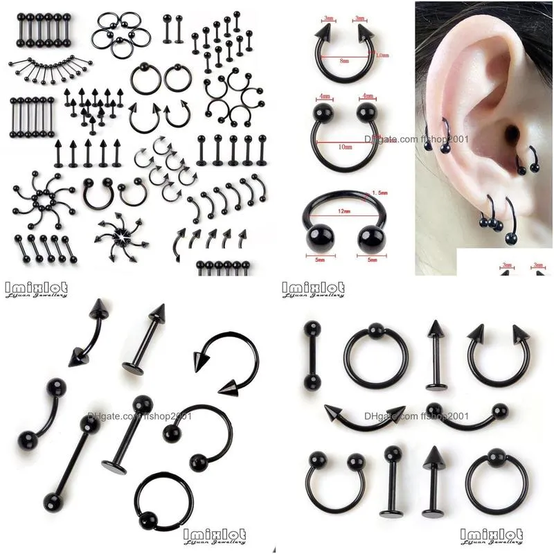 labret lip piercing jewelry 95pcs mix body lot stainless steel nose ear belly tongue ring captive bead eyebrow bar 230614
