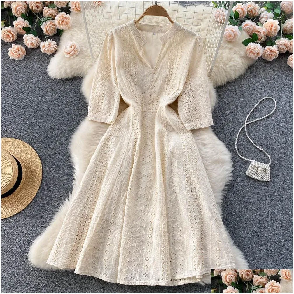 long sleeved french sundress party dresses v neck hollowed out beach famale dress elastic waist ladies romantic dress 2022