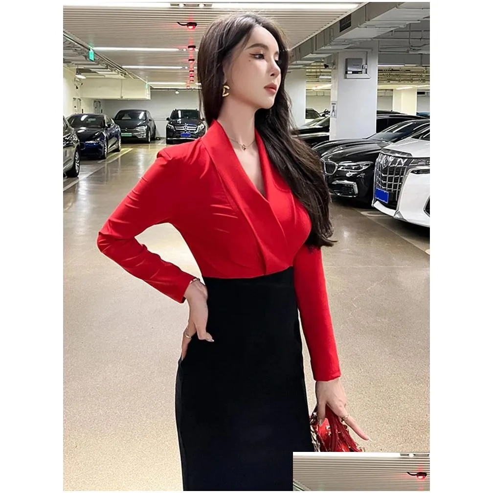 basic casual women dresses summer spring elegant midi dresses for women office lady profession dress red black panelled slim vestido business robe female