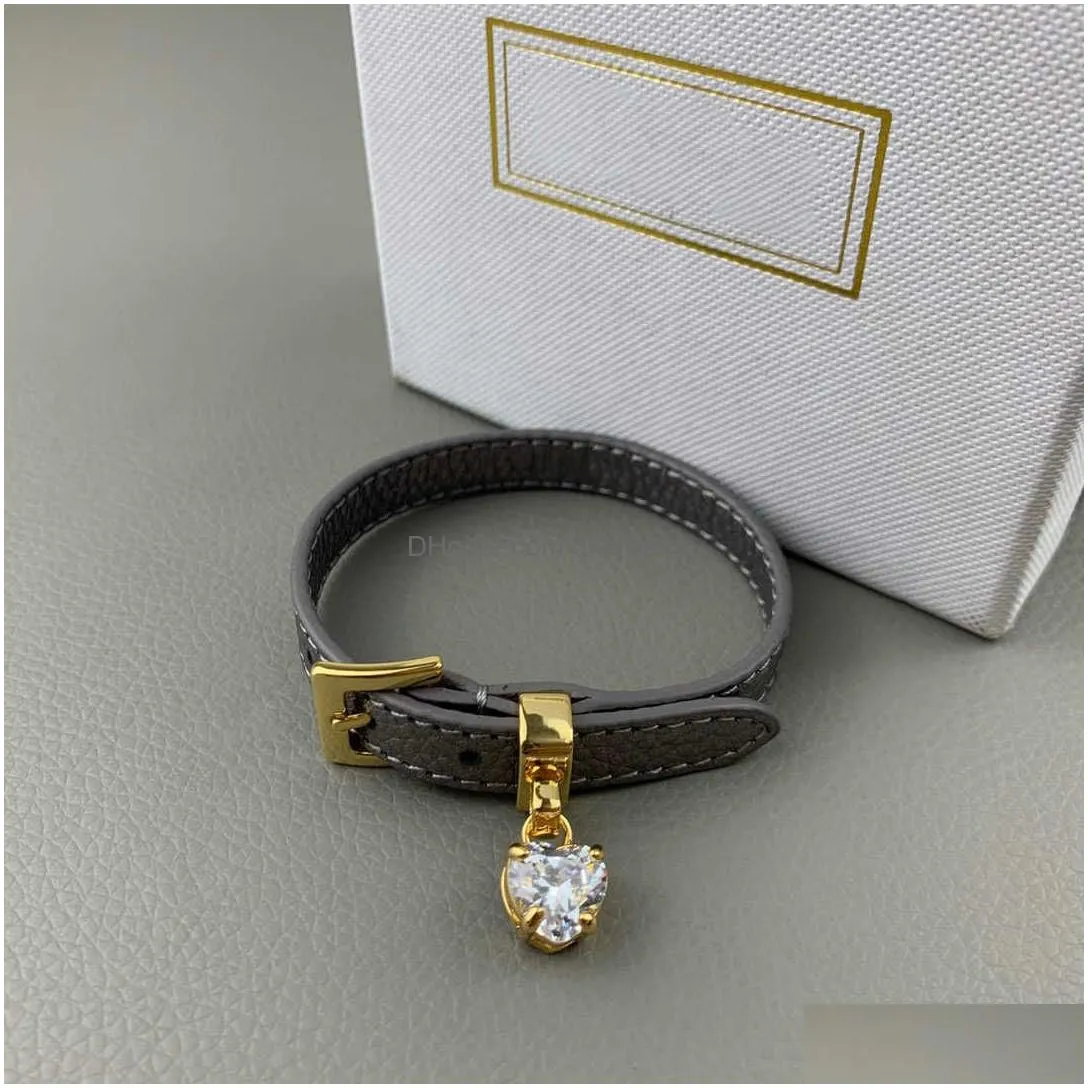 Charm Bracelets 2022 Vintage Gold Color Steam Punk Hip-Hop Design Jewelry Black Leather Bracelet Heart Crystal Screw Top Luxury Drop Dh0Pm
