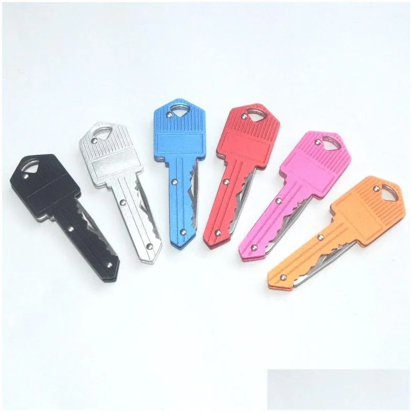 Other Festive & Party Supplies Colorf Key Shape Mini Folding Knife Outdoor Saber Pocket Fruit Mtifunctional Keychain Knives Swiss Self Dhkig