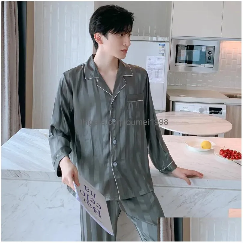 Men`S Sleepwear Mens Designer Pajamas For Men Set Pijama Long Sleeve Sleep Tops Trousers Wear Thin Ice Silk Pajama Drop Delivery Appa Dhbjq