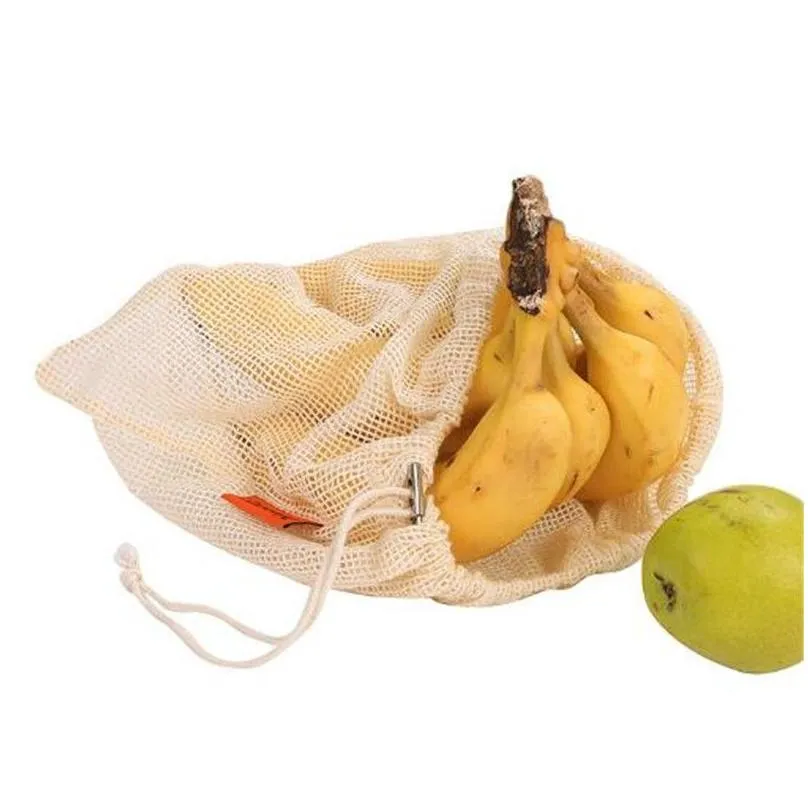 Storage Bags Reusable Cotton Shop Eco-Friendly Mesh Vegetable Fruit Pouch Hand Totes Home Environmental Bag Drop Delivery Garden House Dhny9
