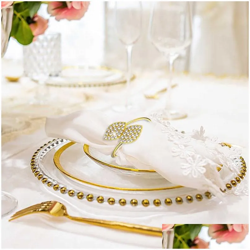 new 6pcs/lot gold leaves napkin ring for wedding event birthday party dinner table decoration rhinestone metal napkin buckles holder