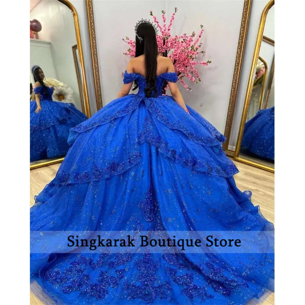 Cute Royal Blue Ball Gown Quinceanera Dresses 2024 Beading Flowers Appliques Sweet 16 Prom Party Gowns Lace Up Back