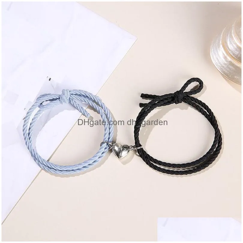 Other Bracelets 2Pcs/Pair Adjustable Magnet Couple For Lovers Handmade Elastic Rubber Band Love Drop Delivery Jewelry Dhgarden Dhnxo