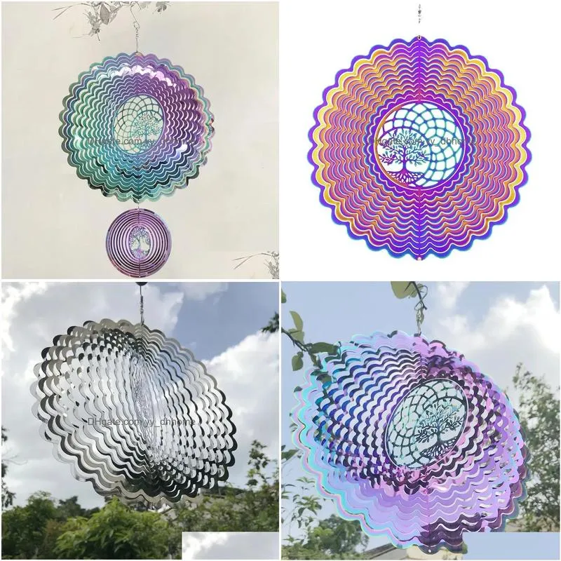 chimes tree of life wind spinner catcher 3d rotating pendant flowinglight effect mirror reflection design garden outdoor hanging decor