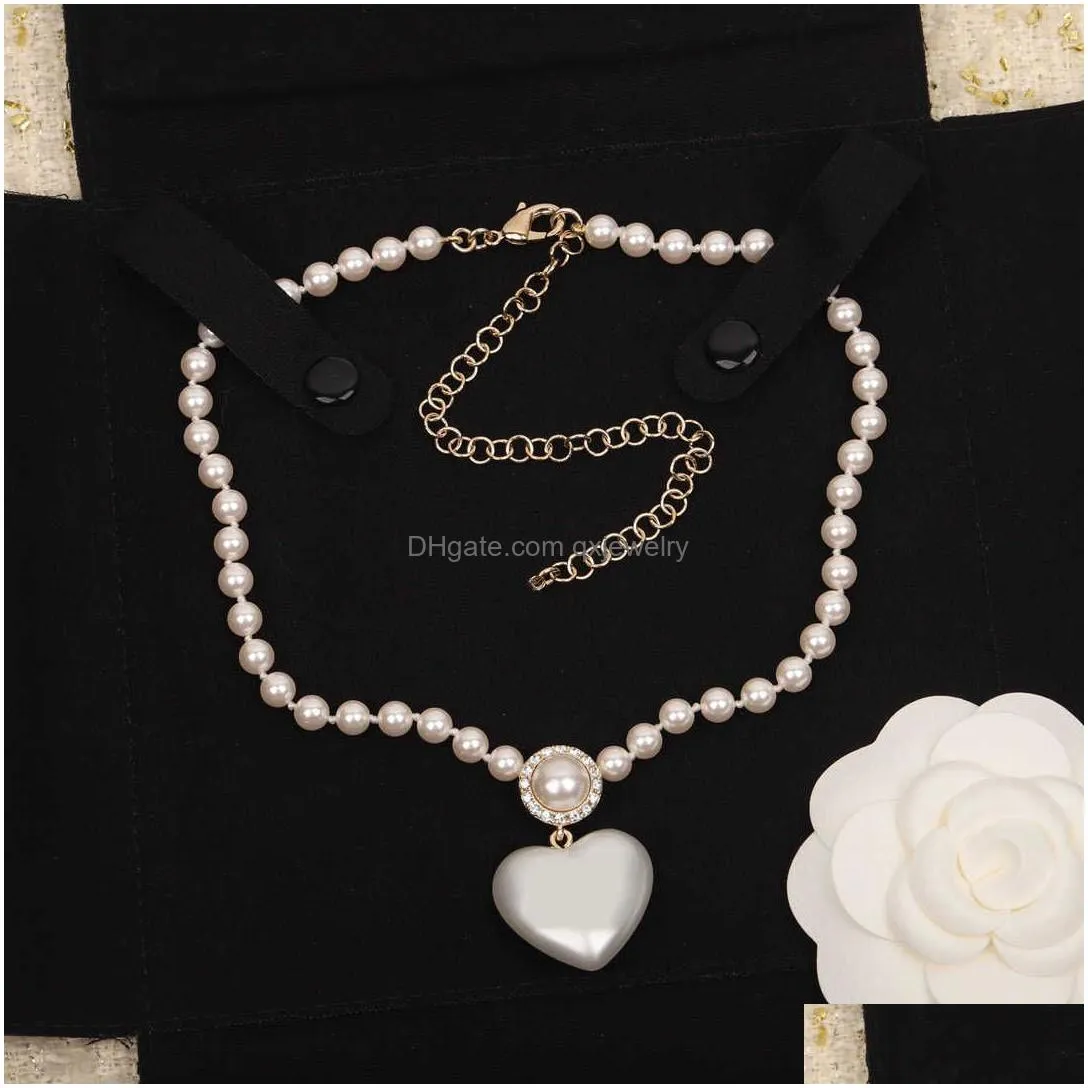 Bracelet, Earrings & Necklace 2022 Brand Fashion Jewelry Women Pearls Chain Party Light Gold Color Heart Choker White Pink Beads Luxu Dhuck