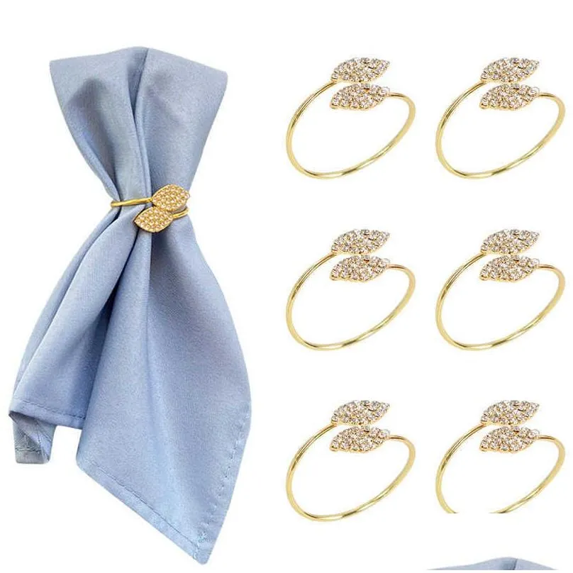 new 6pcs/lot gold leaves napkin ring for wedding event birthday party dinner table decoration rhinestone metal napkin buckles holder