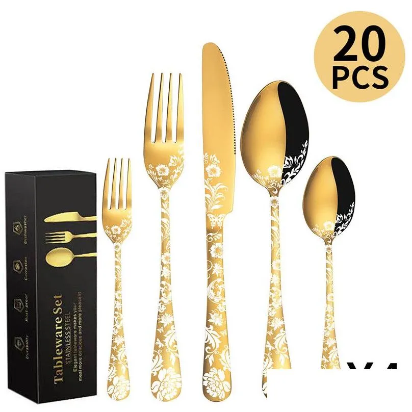 Dinnerware Sets 20 Piece Flatware Set Stainless Steel Tableware Cutlery For 4 Unique Pattern Design Includes Dinner Knives/Forks/Spoon Dhhds