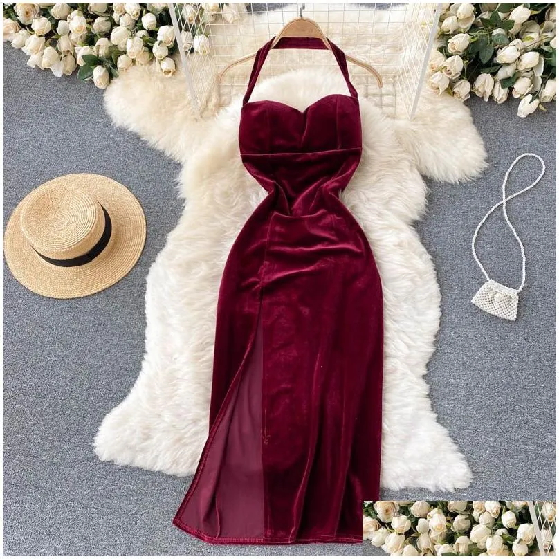 sexy black/red halter velvet bodycon dress women elegant strapless sleeveless high waist split party robe female vestidos autumn 2022