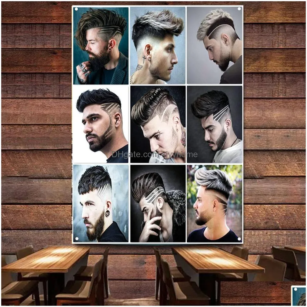 Paintings Best Mens Hairstyles Design Poster Wall Art Tapestry - Vintage Barber Shop Tattoo Studios Decor Banner And Flag Hair Salon H Dhtmg