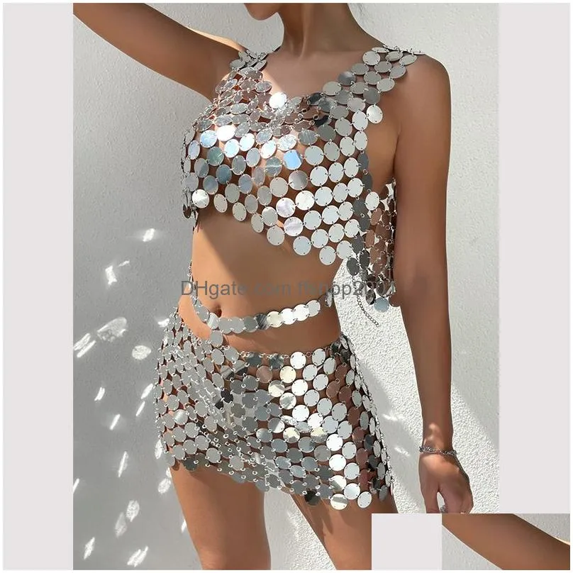 belly chains ingesightz sexy metal disc body chain for women trendy silver color sequins harness underwear mini skirt festival 230614