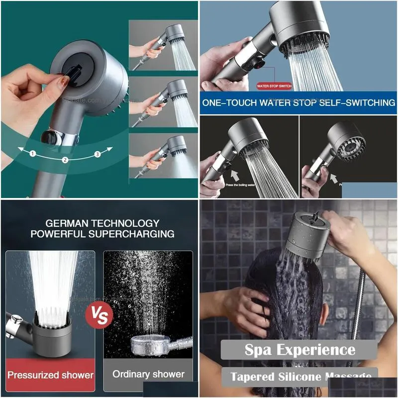 3 modes high pressure shower head filter rainfall massage spa pressurized shower one-key stop spray nozzle bathroom accessories
