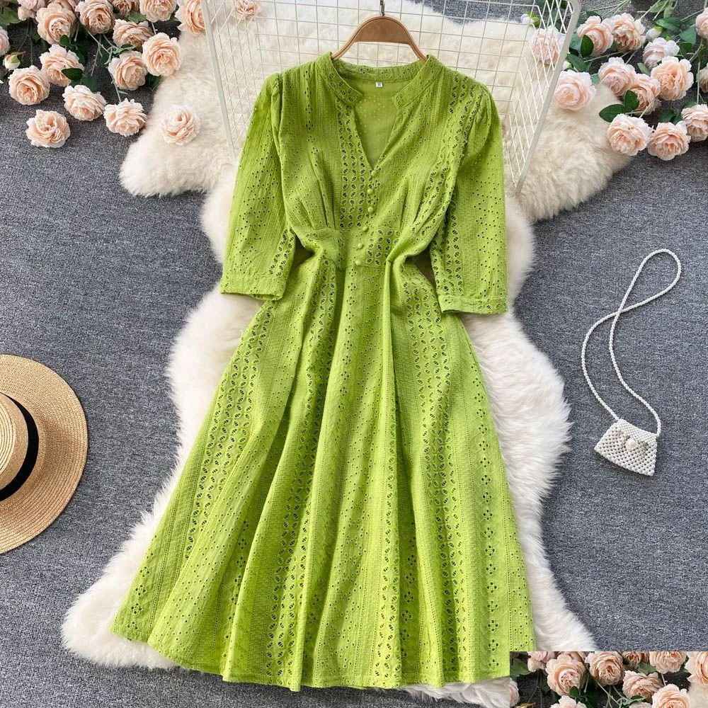long sleeved french sundress party dresses v neck hollowed out beach famale dress elastic waist ladies romantic dress 2022