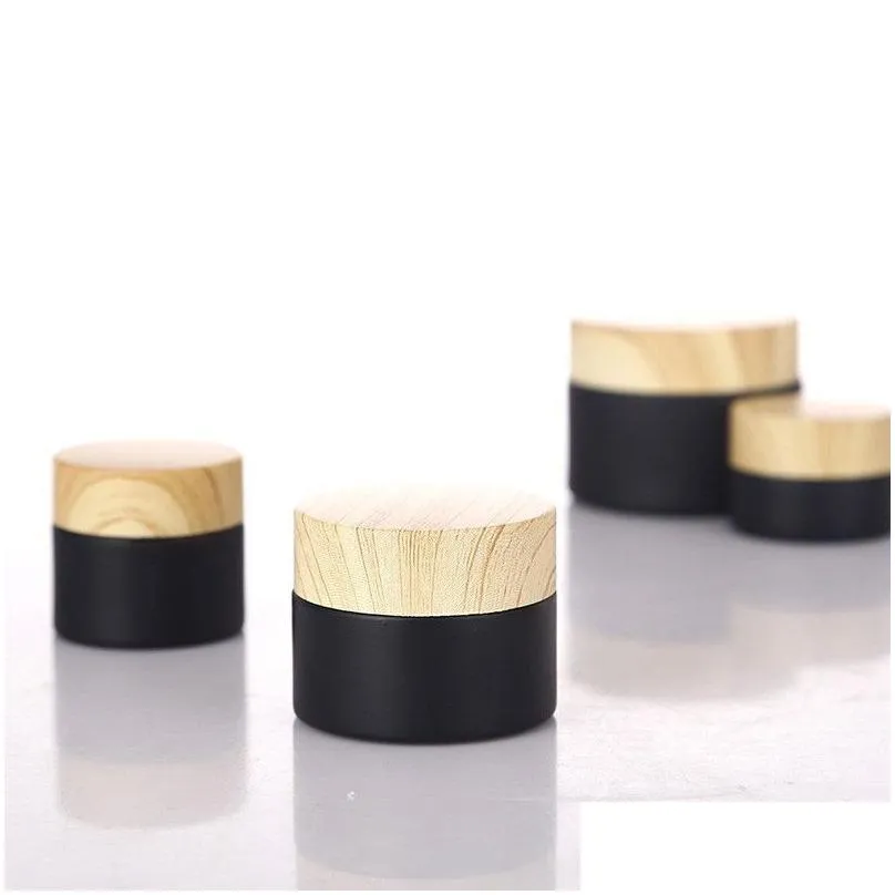 Packing Bottles Wholesale Mini 5G-50G Black Frosted Glass Jar Cream Round Cosmetic Jars Hand Face Bottle With Wood Grain Er Drop Deliv Dh0Zc