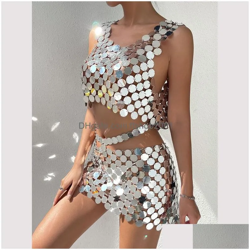 belly chains ingesightz sexy metal disc body chain for women trendy silver color sequins harness underwear mini skirt festival 230614