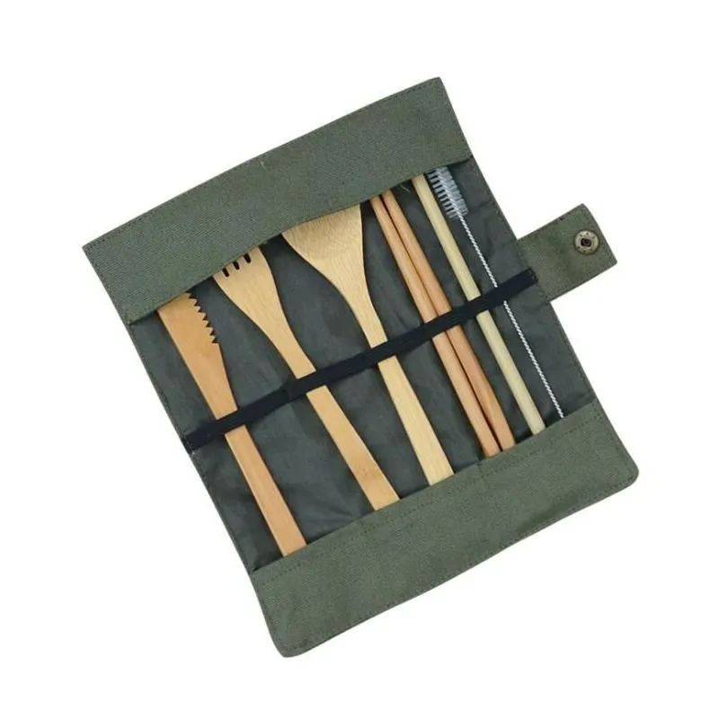 Dinnerware Sets 7Pcs/Set Portable Cutlery Set Outdoor Travel Bamboo Flatware Knife Chopsticks Fork Spoon For Student Tablewares Drop D Dhu9F