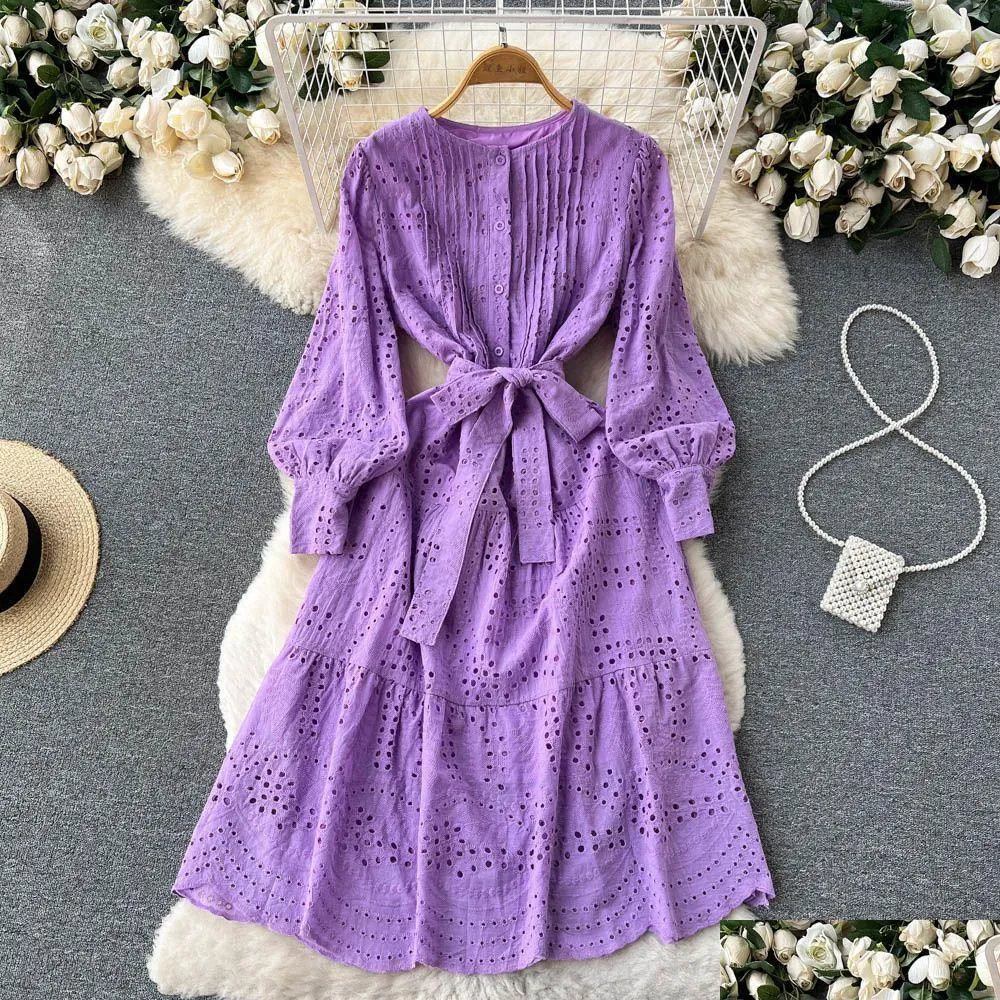 a line women`s hollow out dress purple lace up slim elegant dress vestido temperament sweet korea chic summer 2023