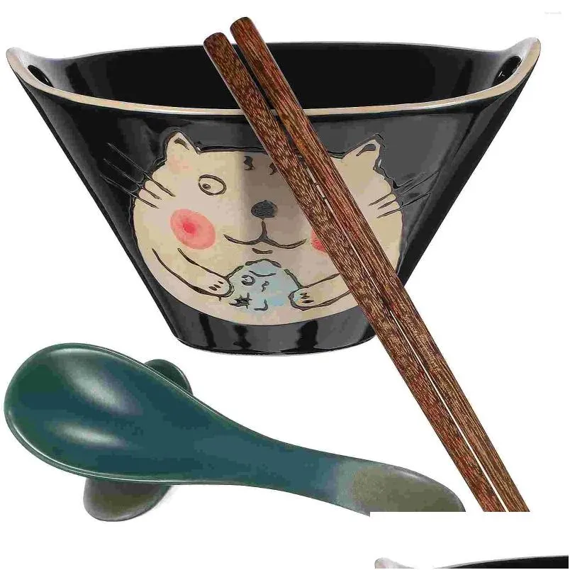 dinnerware sets double hole noodle bowl set soup home noodles with spoon chopsticks wooden ceramics japanese kitchen ramen