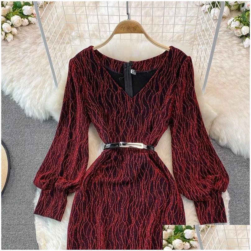 sexy red bodycon party dress women elegant bright silk v-neck puff long sleeve high waist sheath vestidos female new fashion 2022