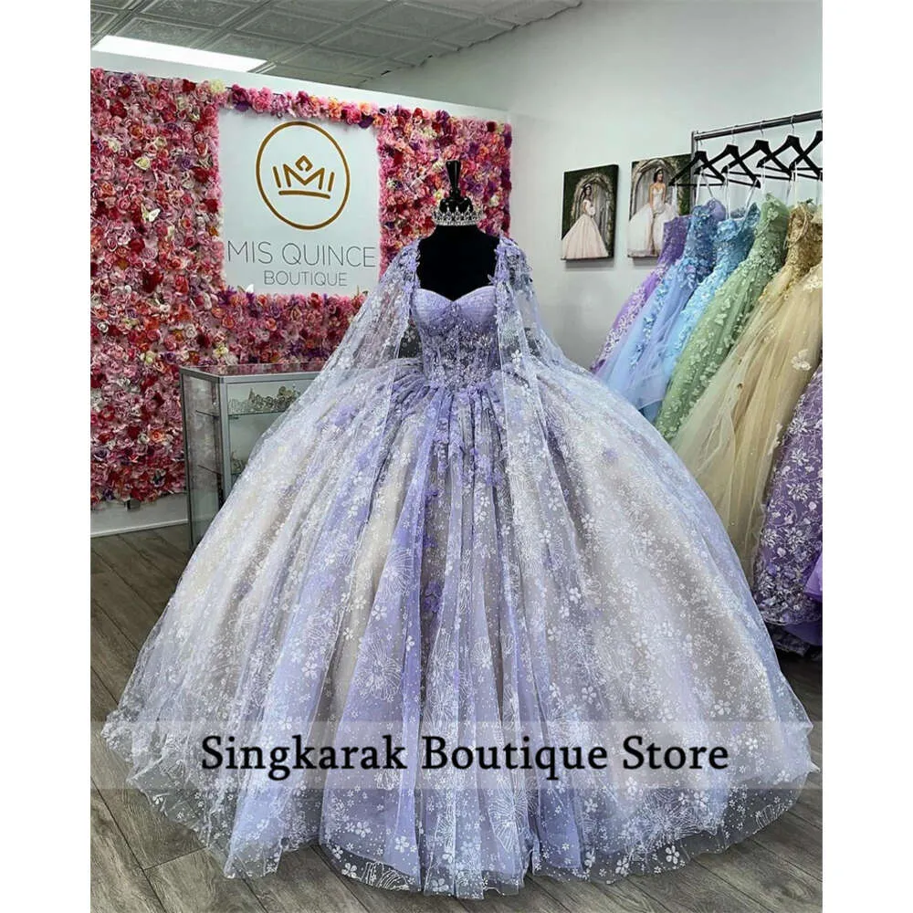 Purple Princess Ball Gown Quinceanera Dresses With Cape Flowers Appliques Beads Vestidos De 15 Anos Sweet 16th Dress