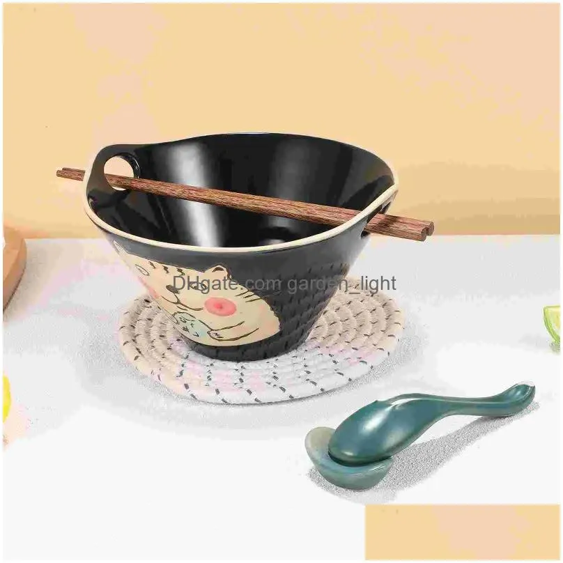 dinnerware sets double hole noodle bowl set soup home noodles with spoon chopsticks wooden ceramics japanese kitchen ramen