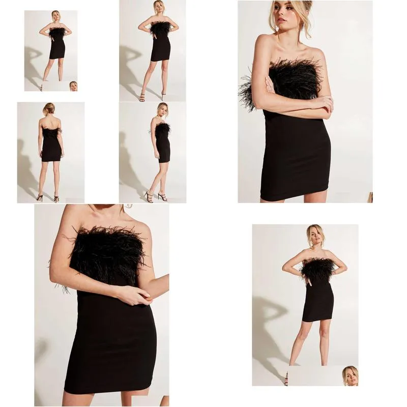 2022 summer new women`s strap dress black feather decoration off shoulder sleeveless slim fitting mini party evening dress