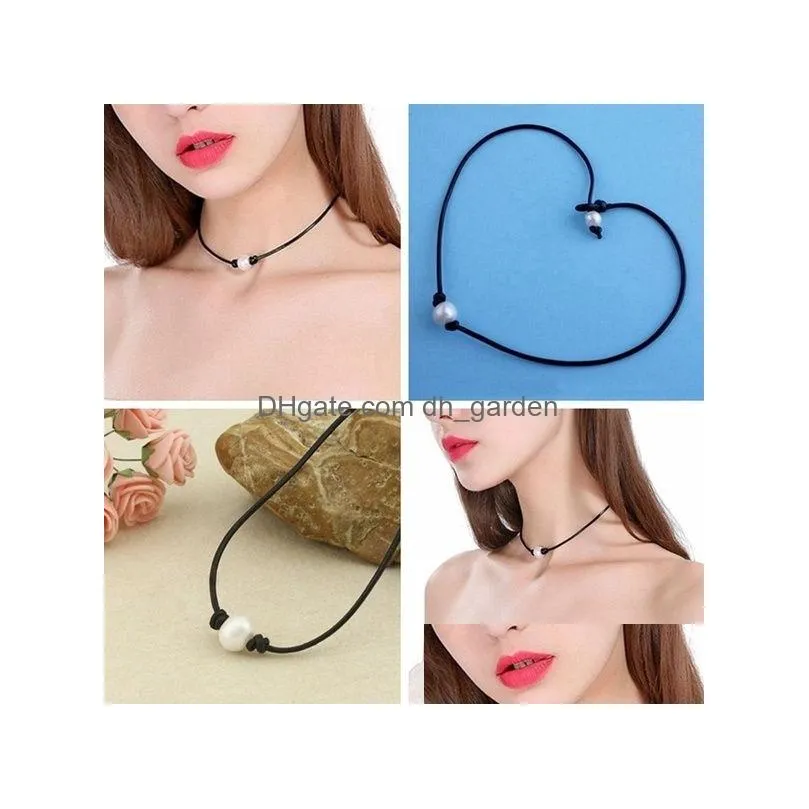 Pendant Necklaces Women Single Pearl Leather Choker Necklace On Genuine Black Cord Jewlerry For Ing Drop Delivery Jewelry Pen Dhgarden Dh6W3