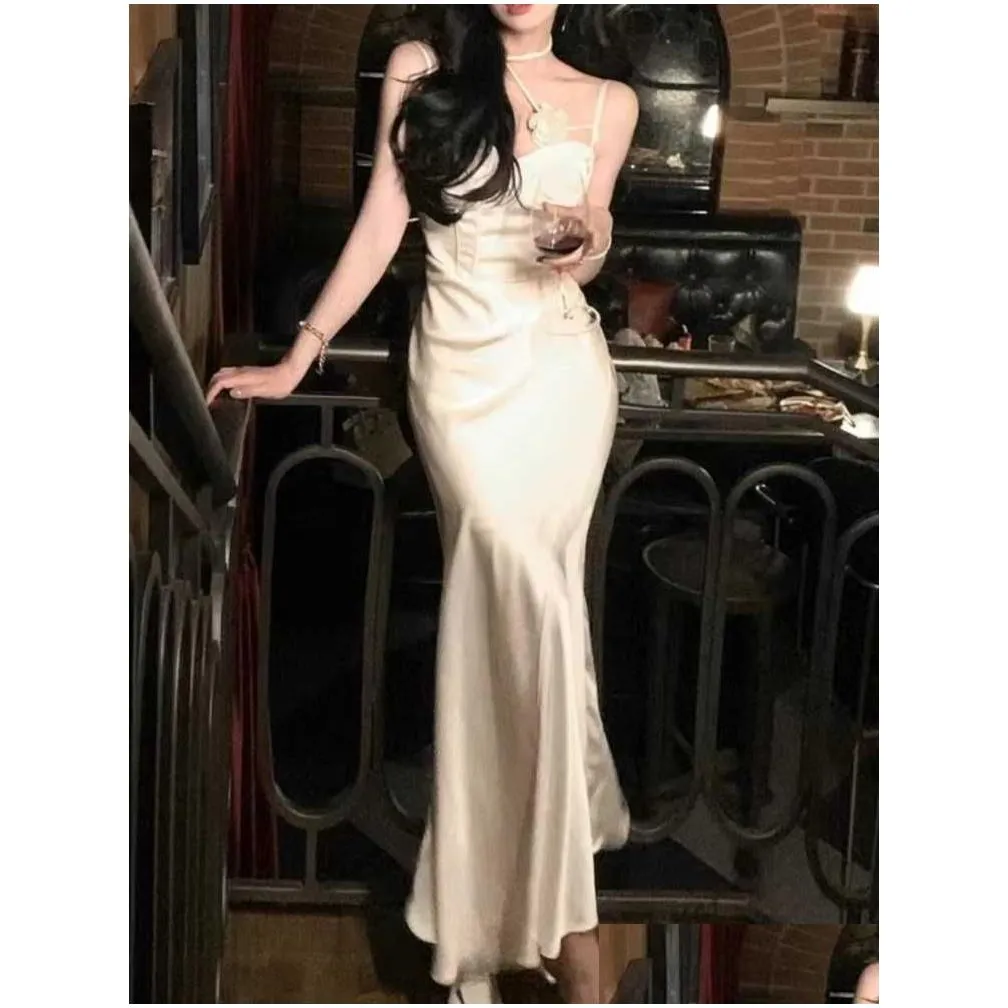 women summer dress sleeveless vintage satin casual bodycon long evening night vestidos female solid outerwear chic mujers