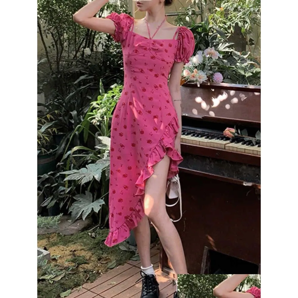 puff sleeve elegant kawaii fairy dress women print floral retro sweet ruffles dress female backless korean party dress 2023